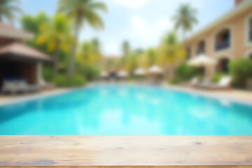Empty table top and blurred swimming pool in tropical resort in summer for display or montage your products.