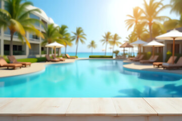 Fototapeta premium Empty table top and blurred swimming pool in tropical resort in summer for display or montage your products.