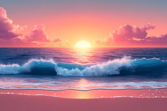 Graceful seaside view, flat vector illustration, waves gently crashing on sandy shore, tranquil sunset hues in the background, realistic and professional imagery with balanced composition.