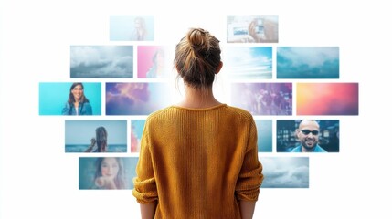 Woman looks at curated display of images, representing choice and decision-making processes.