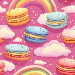 Dessert seamless macaron minimal style. A colorful pattern featuring macaron cookies against a pink background with clouds and rainbows.