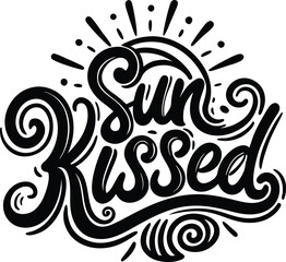 Black and white graphic design, sun icon with rays, handwritten text "Sun Kissed", three stylized watermelon slices, minimalist illustration, summer theme, bold contrast, simple line art, white backgr