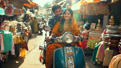 A joyful couple rides a decorated scooter through a vibrant street market, surrounded by colorful textiles, traditional goods, and warm sunlight. The scene captures a lively cultural moment full 