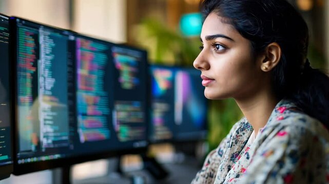 A young woman intently works on coding at a dual-monitor setup in a cozy, modern workspace. The scene captures the concentration and dedication of a developer immersed in her programming task 