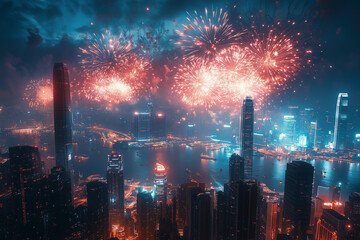Obraz premium Cityscape with skyscrapers celebrating with colorful fireworks.
