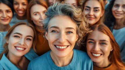 A diverse group of women share smiles, radiating joy and celebrating togetherness in close portrait.