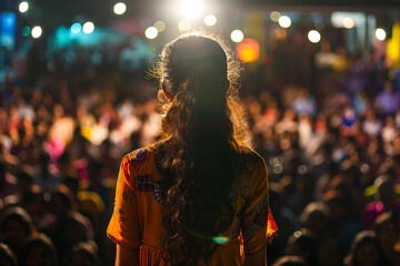 Fototapeta premium Stand-up comedian performing on stage under dramatic spotlight, engaging with the audience in a dimly lit theater – generative AI