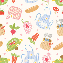Cottagecore Kitchen Seamless Pattern JPG PNG | Cute Apron Pot Mitt Bread Utensil Clipart | Rustic Cooking Digital Paper