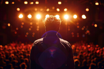 Energetic performer on stage under dramatic lighting, surrounded by an enthusiastic audience at a live event – generative AI