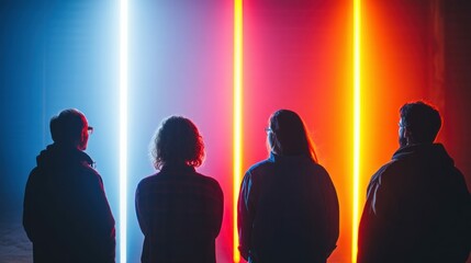 A group of four people silhouetted in front of a vibrant display of neon lights, creating a stunning ambiance.