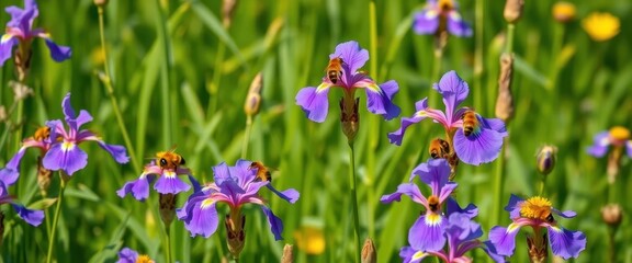 Busy bees gather nectar from vibrant purple irises in a lush green meadow, ecosystem, insect