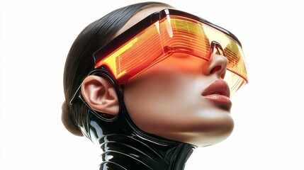 Naklejka premium A woman with glowing futuristic glasses poses in a sleek, modern, and stylish photograph.