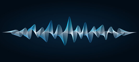 Sound wave graphic symbol, abstract music equalizer. Flowing Glowing soundwave illustration, AI voice visualization digital frequency.  Science tech background.
