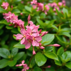 Fototapeta premium Pink Adenium obesum blossoms, vibrant green foliage backdrop, flower arrangement, macro, vibrant