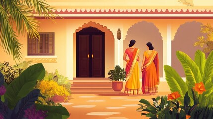 Indian traditional housewarming invitation card illustration