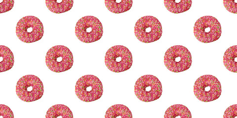 Pattern of delicious pink donuts with colorful sprinkles on white background