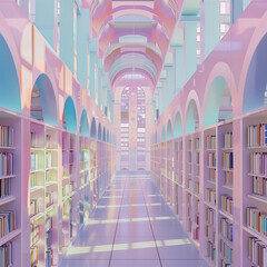 Colorful fantasy library with futuristic architecture.