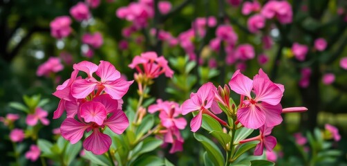Fototapeta premium Vibrant pink Adenium obesum blooms in sharp focus, lush green foliage and flowering trees softly blurred in background, summer, flowers, macro