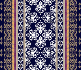 Damask art, ethnic, abstract, Damask pattern, black background, vertical full frame pattern, white, beige color, for textile, clothing, curtains, carpets, blankets, decoration, vector illustration.