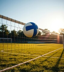 Vibrant volleyball arcs over net in sunny field, field, energy