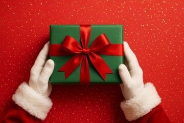 Festive Holiday Gift Wrapped in Green Paper with Red Bow in a Merry Christmas Setting