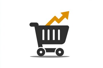 A flat of a shopping cart with an upward arrow symbolizing increasing sales or growth, isolated on a white background