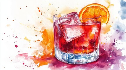 watercolor classic negroni cocktail with ice and orange garnish, showcasing vibrant colors and refreshing appeal. Perfect for summer gatherings or elegant events illustration