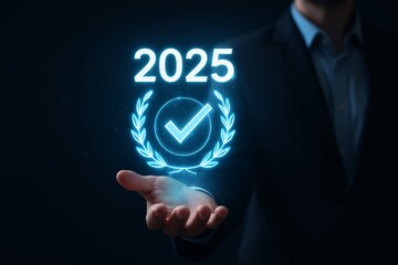 2025 Achievement Symbol in a Professional Setting with a Glowing Checkmark and Laurel Wreath Representing Success and Goals