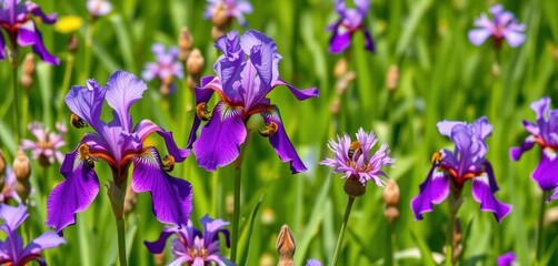 Busy bees gather nectar from vibrant purple irises in a lush green meadow, plant, bloom