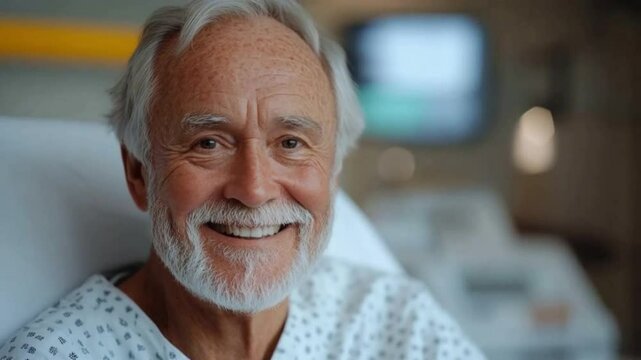 Smiling senior patient at the hospital: An elderly man with a warm smile radiates contentment and optimism while recuperating in a hospital room, symbolizing hope and recovery.