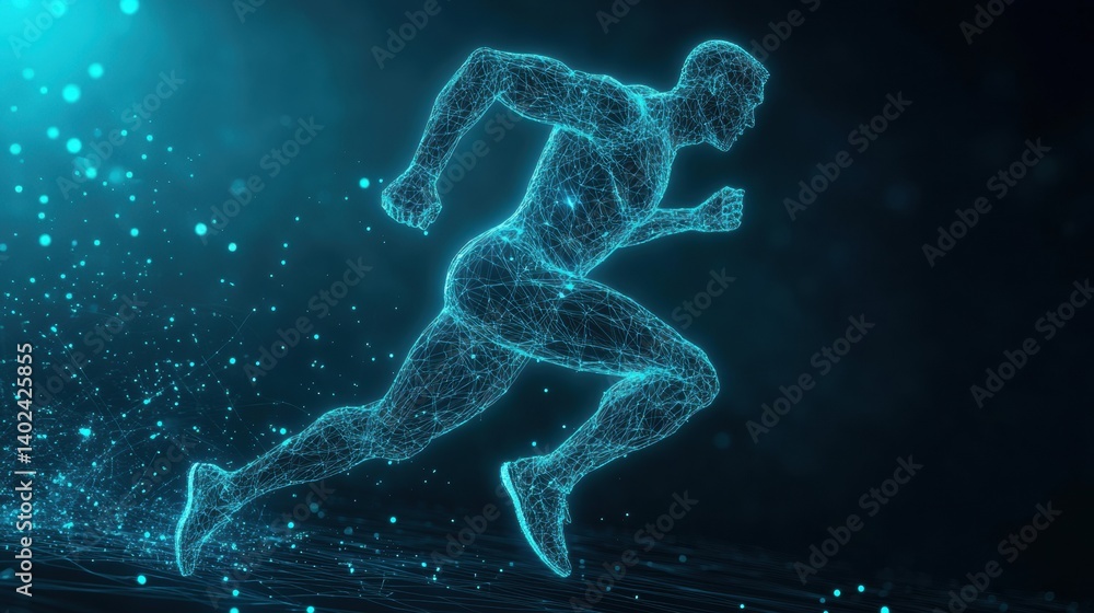 Leinwandbilder runner silhouette showcasing muscles in dynamic motion with glowing digital wireframe mesh represent