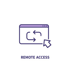 A minimalistic line art icon illustrating the concept of remote access. The design features a browser window with bidirectional arrows and a cursor pointer, 