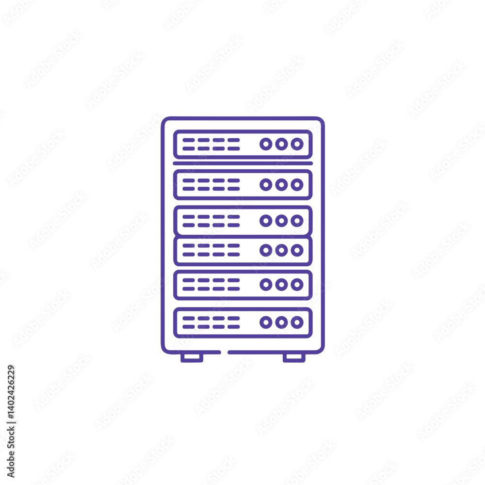 Poster a minimalistic line art icon of a server rack, styled as a simple interface icon.