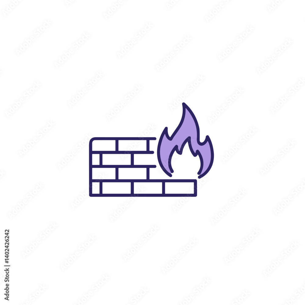 Poster a minimalistic line art icon of a firewall (brick wall and flame), styled as a simple interface icon