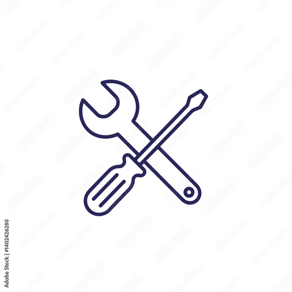 Poster a minimalistic line art icon of tools (wrench and screwdriver), styled as a simple interface icon.