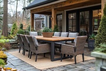 Obraz premium Outdoor dining set with rectangular wooden table, black frame, striped gray cushions on two chairs, matching dark brown armchairs with beige cushions, and a three-seater patio rug for garden or backy