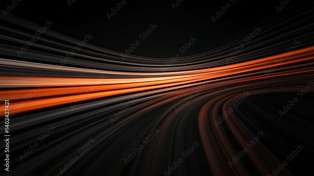 Poster a dynamic abstract image showcasing flowing lines of light in shades of orange and white against a d