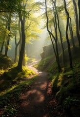 Fototapeta premium Misty forest path winds through layered hills, sunlight dappling the leaves, calm, outdoor, journey