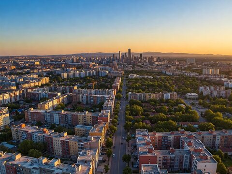 Elevated view of a sprawling urban landscape at sunrise.