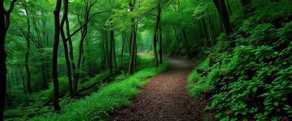 Obraz premium Misty forest path winds uphill through lush, green foliage, environment, foliage, mystery