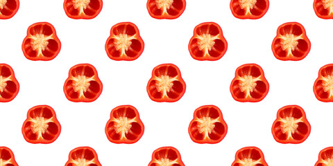 Seamless pattern of halved red bell peppers on white background