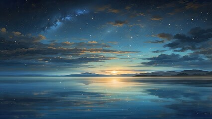 Obraz premium A mesmerizing night sky above the ocean, with stars shimmering and reflecting on the water's surface, creating a magical scene.