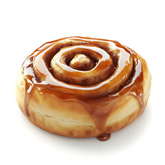 A freshly baked soft cinnamon roll with golden brown sticky glaze, soft center, and visible cinnamon swirl
