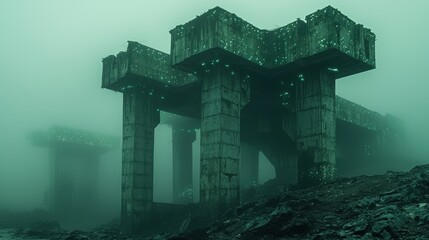 Mysterious ruins surrounded by fog abandoned location atmospheric image