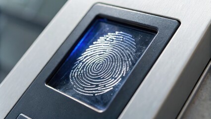 Cybersecurity risk management concept Fingerprint scanner on a metallic surface, illuminated by a blue light.