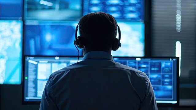 Cybersecurity risk management concept A person in a headset monitors multiple screens in a control room setting.