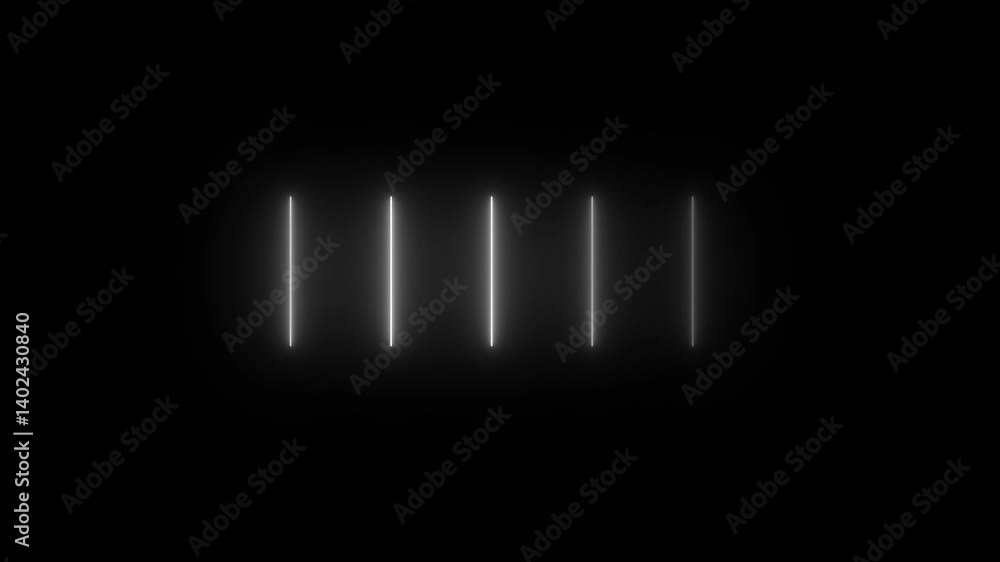 Poster five vertical neon lines glow in a dark room, casting reflections on the floor. casting reflections 