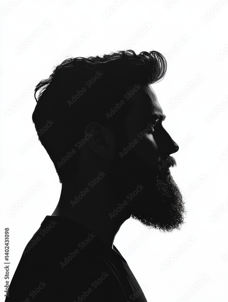 Poster silhouette of a bearded man in side profile against a clean white background with a soft fade effect