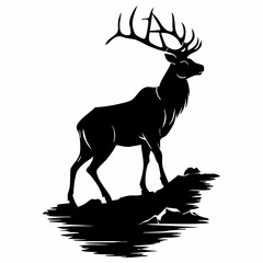 Majestic Elk Silhouette Standing Tall on Rocky Outcrop in Black and White.