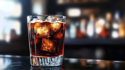 Glass with a dark-colored drink on a black bar countertop, filled with ice, resembling coffee or a negroni cocktail. illustration